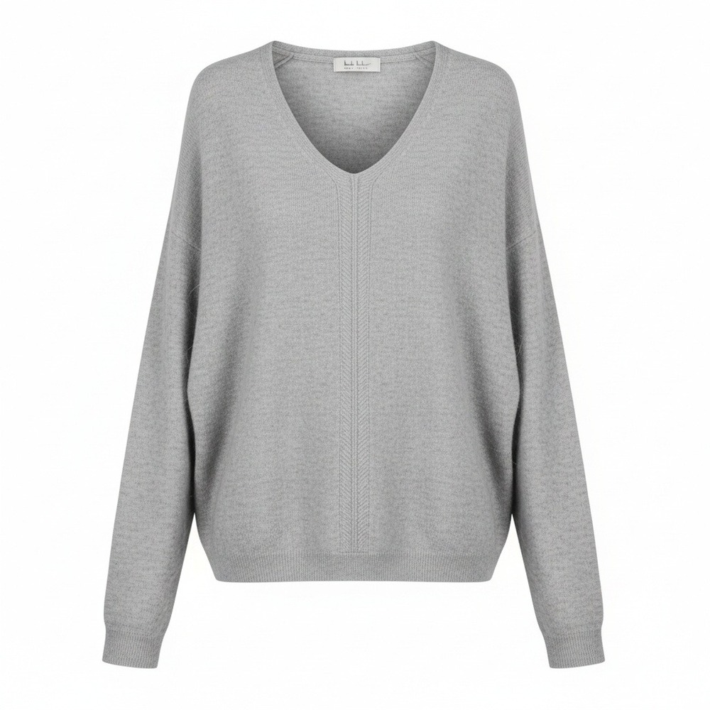 Nicole Miller New York 100% Cashmere‎ V-Neck Sweater Gray Pointelle Detail Large